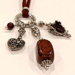 Vintage Necklace, Red Onyx Silver Plated Leather Fashion Jewelry
